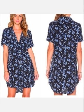 EQUIPMENT FEMME 100% Silk Shirt Dress Blue Abstract Cheetah Print Size Large
